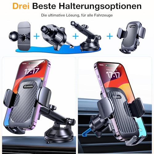 Romuto Handyhalterung Auto【2026 Upgrade Super Saugnapf】4 in 1 Handy Halterung Auto【360° Drehbar】Handyhalter fürs Auto Armaturenbrett Windschutzscheibe Lüftung KFZ Autohalterung für iPhone Samsung usw
