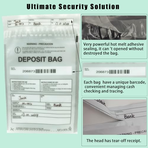 Plastic Deposit Bags 200-Pack 9\'\'x12\'\', Clear Security Bank Deposits,Cash register,Money bag for Cash,Bank Pocket,Tamper-Evident,Unique Barcode