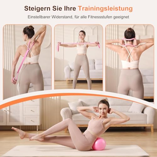 DAILIENFUS Pilates Set Pilates Ring Zubehör Set 13 Teiliges mit Yoga Ball, Yoga Gurt, Fitnessbänder, Pilates Socken, Trainingsposter & Tragbarer Tasche, Home Pilates Essential Kit für Frauen (Rosa)