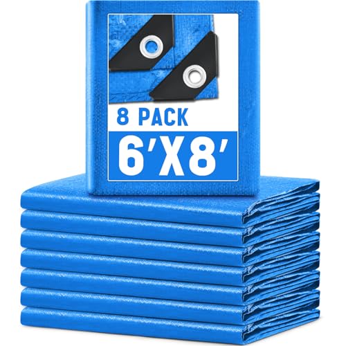 Image of 8 Pack 6 x 8 ft 5.5 Mil Large Tarps Heavy Duty Waterproof Tarp Multi Purpose Tent Cover for Home Boats Cars Camping Patio Furniture Roof Emergency Rain Protective Cover, Blue