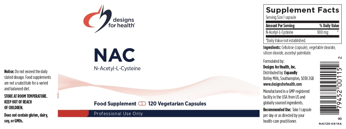 Designs for Health NAC - 900mg N-Acetyl-L-Cysteine, Antioxidant Glutathione Precursor - Detox + Workout Recovery Support - Non-GMO + Gluten Free Supplement (120 Capsules)