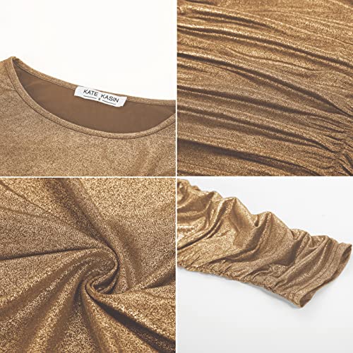 Kate Kasin Women's Metallic Gold Long Sleeve Shirt Sparkly Party Glitter Shiny Blouse(Gold,L) #TOP5