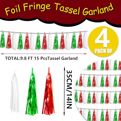 Image of 4P Red Green White Foil Fringe Metallic Tassel Streamers Banner Tassel Garland for Parade Floats, Graduation, Wedding, Birthday, Halloween, Christmas, Mexican Italian Birthday Party Decorations