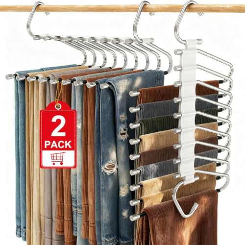 La mejor selección de Perchas para pantalones los mejores 10. 45 WONDOCK Perchas Multifuncionales Tipo S de 9 Niveles, Acero Inoxidable, Plegables y Antideslizantes, Ahorro de Espacio, Organizador para Pantalones, Faldas y Bufandas (2 Pack)