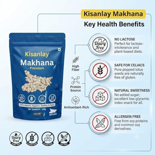 Image of KISANLAY Premium Raw Makhana 250g (Fox Nuts) | Natural Lotus Seeds, Healthy Snacking & Cooking, Un-Roasted