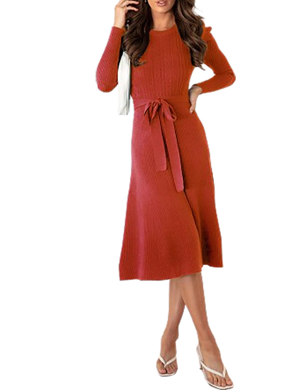 ZOCANIA Women Puff Long Sleeve Sweater Dress Knit High Waist Pleated Midi Dresses Solid Color Slim Jumper Dress Casual Loose Cocktail Party Dress