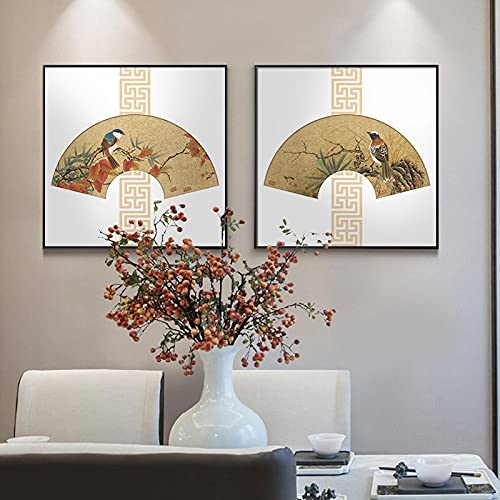 Affiches d'art de fan chinois avec oiseaux minimalistes et fleurs sur toile 60x60cm x2