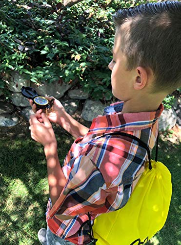 Unplugged Explorers 9 Piece Kids Outdoor Explorer Kit- Backpack, Binoculars, Flashlight, Compass, Bug Collector, Whistle, Magnifying Glass, and Journal. Boy/Girl STEM (Yellow)