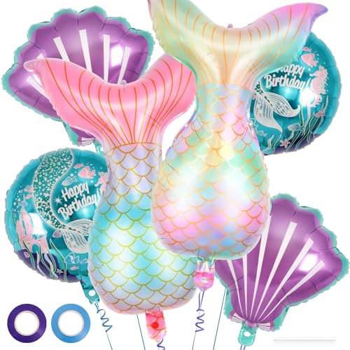 Image of 6 Pcs Mermaid Balloons, SeaShell Foil Balloons, Mermaid Tail Mylar Balloons for Sea Ocean Themed Birthday Party Decorations Baby Shower