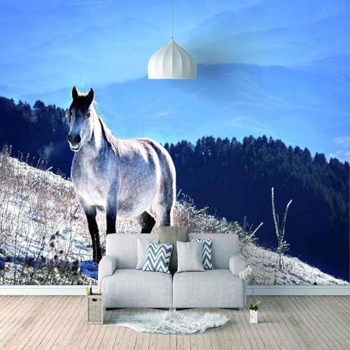 Tzxztt Cielo Azul Picos Montañosos Bosque Animales Caballo Papel Pintado 3D Seda Texturizada Primera Calidad Neutros Material Ideal Para SalóN Dormitorio-200cm×140cm