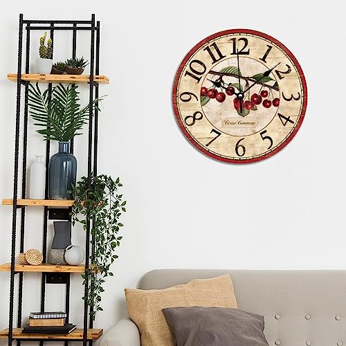 Cherry Wood Clock Fruit Cherry Kitchen Wall Clock Quality Quartz Battery Clock Silent Vintage Farmhouse Rustic Decor For Living Room Bedroom Office Classroom 12Inch Birthday Housewarming Gift #TOP4