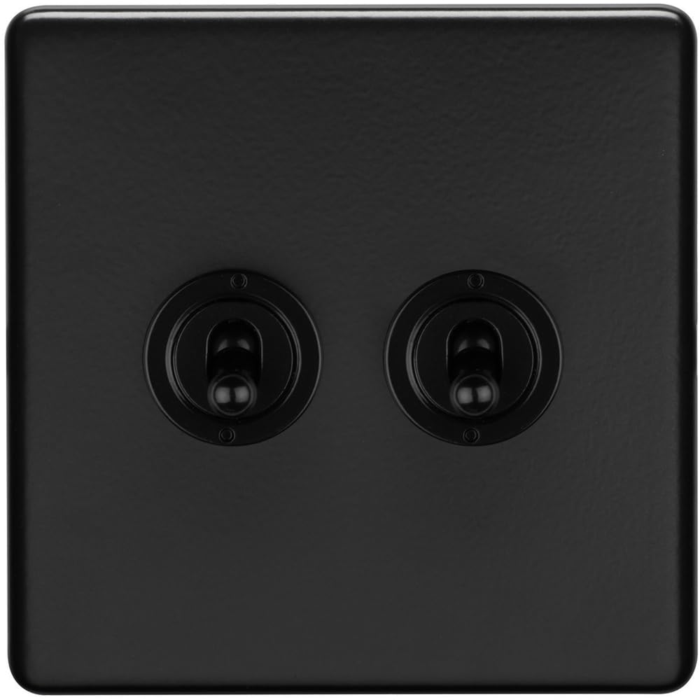 2 Gang Double Retro Toggle Light Switch SCREWLESS MATT Black 10A 2 Way Lever - Classic Vintage Style Flick Lever Wall Plate