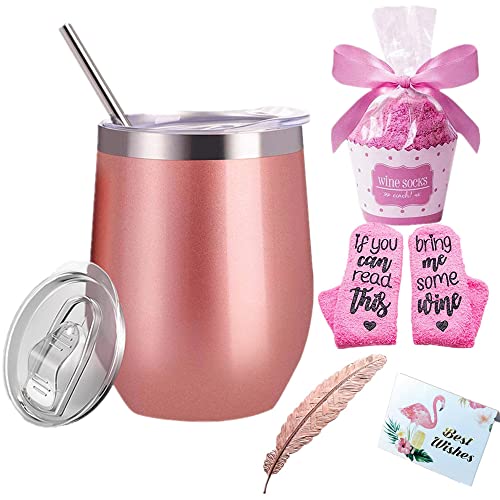 Wine Tumbler Wine Socks Gift Set,Wine Tumbler Rose Gold 12oz Stainless Steel Double Insulated Stemless Wine Glass with Lid,Straw,Cupcake Socks,Feather Bookmark,Funny Wine Gift for Women Christmas Gift