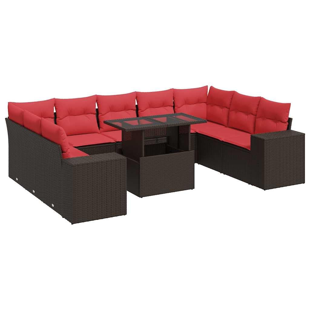 Sala da giardino in rattan sintetico, 10 pezzi, marrone, 55 x 62 x 69 cm, resistente alle intemperie, divano ad angolo, con spazio di archiviazione e cuscino rosso, flessibile, per terrazza