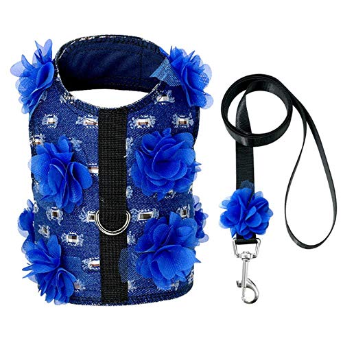 DXL Small Dog Harness and Leash set Jeans Dog Harness Pet Vest Chest Strap,Blue,M