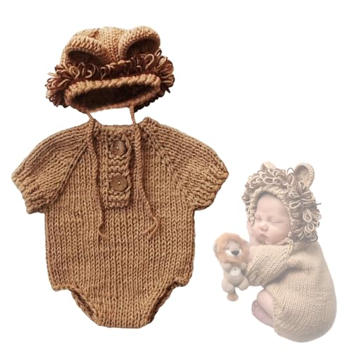 Dhqkqg Accesorios para Fotografía de Bebé, 2 Piezas Trajes de Fotografía para Recién Nacidos, Juego de Disfraz de León para Bebé, Mono de Punto + Gorro de León de Punto, para 0 2 Meses