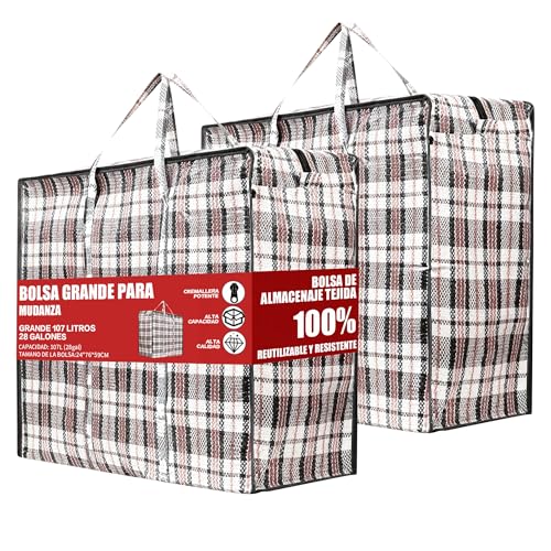 PACK2 Bolsa de Rafia GRANDE para Mudanza y Almacenaje 76x59x24 cm – Reutilizable, Impermeable, con Cremallera y Asas Resistentes