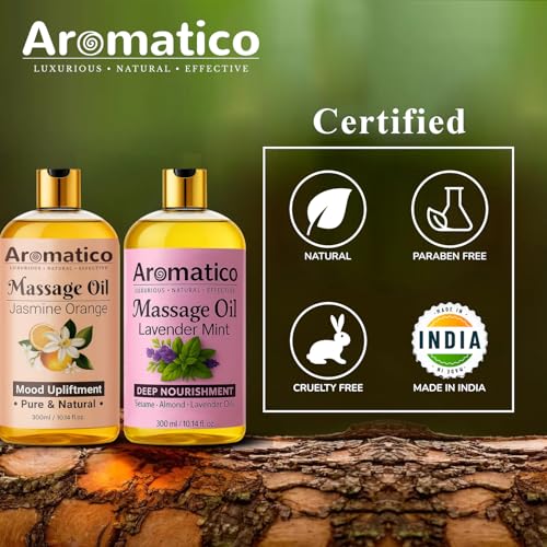 Image of AROMATICO - Lavender Mint & Jasmine Orange Massage Oils Pack of 2. For Mood Upliftment, Muscle Relaxation & Skin Nourishment, 100% Natural, Non-Sticky 300ml Pack of 2