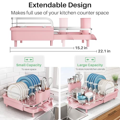 Image of SNTD Dish Drying Rack, Expandable Dish Rack for Kitchen Counter, Stainless Steel Dish Drainer with Drainboard Set and Utensil Holder (Pink)