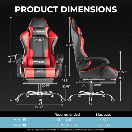 GTPLAYER Gaming Chair, Computer Chair with Footrest and Lumbar Support, Height Adjustable Game Chair with 360°-Swivel Seat and Headrest and for Office or Gaming (Faux Leather, Red)