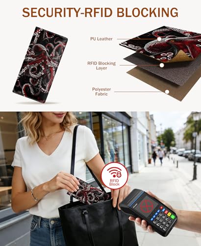 Image of Immaturus Womens Wallet, Octopus Slim Thin RFID Blocking Credit Card Wallets, Long Bifold PU Leather Card Holder Organizer, Cute Cash Clutch Billfold with Zipper Coin Pocket Ladies Girls Gift