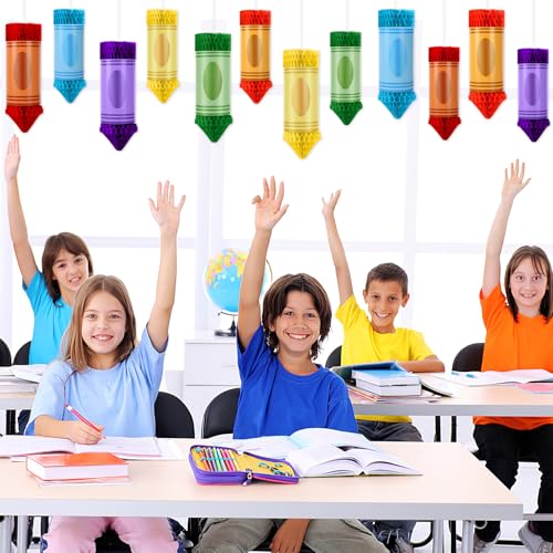 Image of 12 Pcs Crayon Pencil Hanging Honeycomb, Welcome Back to School Classroom Decorations for Teacher Appreciation Week First Day of School Party Supplies Ceiling Decor