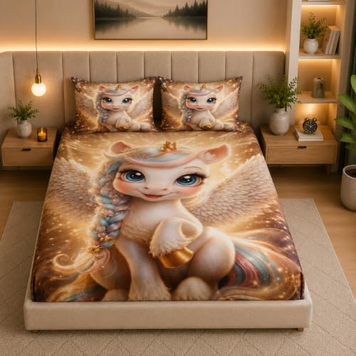 Image of 7D Digital Printed King Size Bedsheet with 2 Pillow Covers | Soft Premium Cotton Feel Microfiber Double Bed Bedsheet | Wrinkle Free & Fade Resistant | (Baby Unicorn, King Size - 90 x 100)
