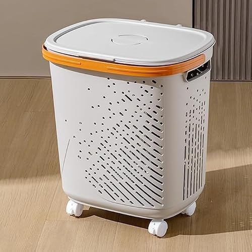 MRKU Folding Laundry Basket Household Storage with Wheels and Lid,Narrow Design for Bedroom