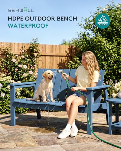 Image of SERWALL 2-Person HDPE All-Weather Outdoor Bench Set of 2, Navy