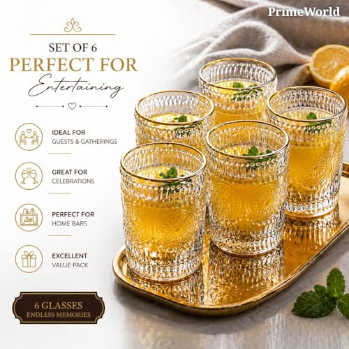 Image of PrimeWorld Embossed Gold Rim Romantic European Crystal Whiskey Glasses Set of 6 pcs- 300 ml Bar Glass for Drinking Bourbon, Whisky, Scotch, Cocktails, Cognac- Old Fashioned Cocktail Tumblers