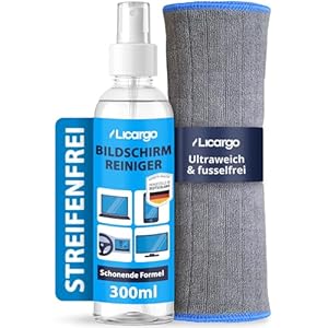 LICARGO Bildschirmreiniger Set 300ml - Streifenfrei & schonend - Display Reiniger mit Mikrofasertuch 380 GSM - Screen Cleaner für TV (LCD, LED, OLED, QLED, TFT) Monitor, Laptop, Tablet & Handy