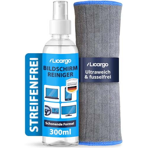 LICARGO Bildschirmreiniger Set 300ml - Streifenfrei & schonend - Display Reiniger mit Mikrofasertuch 380 GSM - Screen Cleaner für TV (LCD, LED, OLED, QLED, TFT) Monitor, Laptop, Tablet & Handy