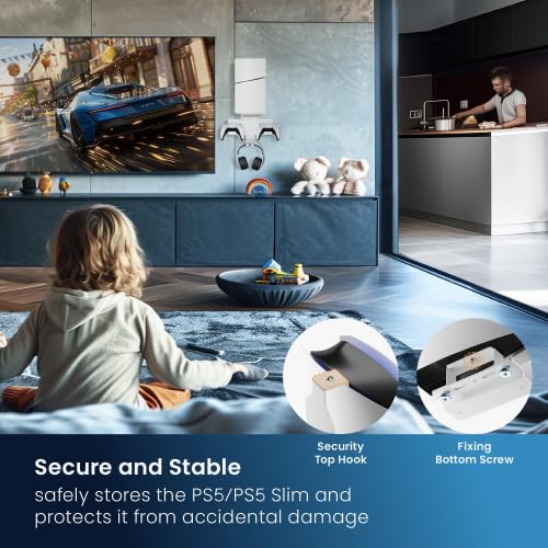 Image of HOSS PS5 Wall Mount Stand - Space-Saving & Ventilated Design for PlayStation 5,Slim Disc and Digital Edition, Controller & Headset Holders, Easy Installation (White)