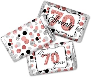 Amanda Creation Confetti Rose Gold Polka Dot 70th Birthday Party Mini Chocolate Candy Bar Sticker Wrappers, 45 1.4" x 2.6" Wrap Around Labels, Great for Party Favors
