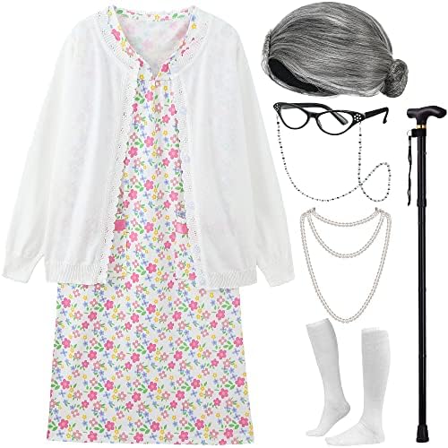 EBYTOP Old Lady Costume for Kids Halloween 100th Day of School Girls Dress up Granny Wig Grandma 100 Days Glasses Cane,1-WH 4-6 Years