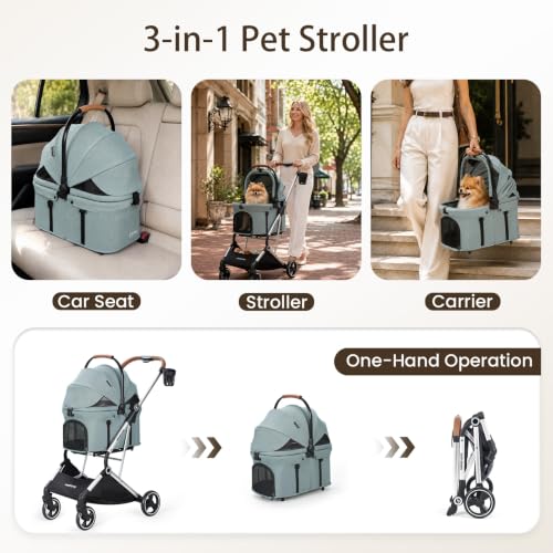 Image of T3 Pro Small Dog Stroller (Green) | Detachable Carrier, 3-in-1 Stroller, Lightweight, Breathable Mesh Fabric, One-Button Braking, Easy to fold, Adjustment Canopy