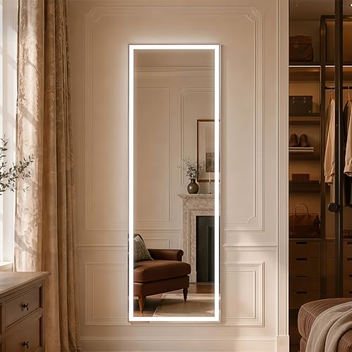 Image of 64 inchx21 inch Full Length Mirror with LED Lights, Mirrors with Dimming & 3 Color, Full Body Mirrors with Aluminum Alloy Thin Frame for Bedroom, Dressing Room