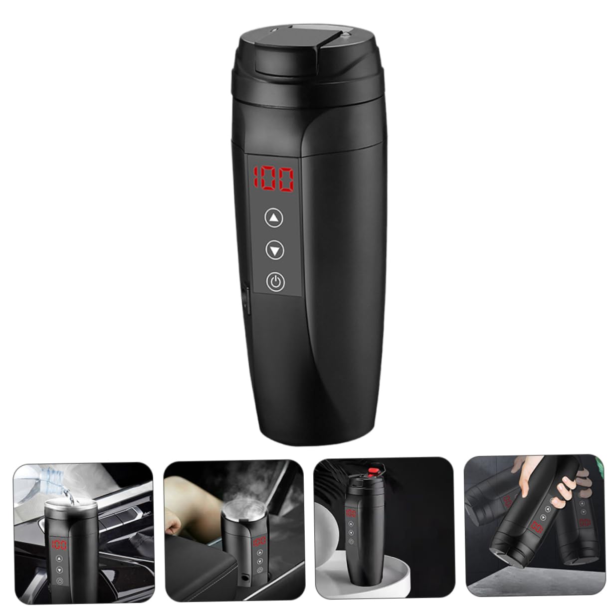 Cabilock Taza Calefactora Eléctrica para Coche 90w Pantalla de Temperatura Acero Inoxidable Negro Compatible 12v-24v para Viaje y Camping Portátil
