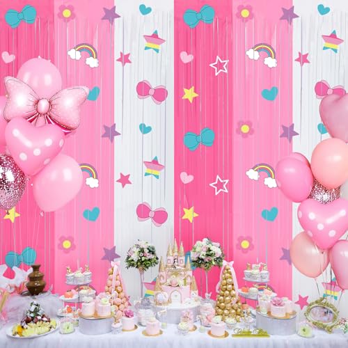 Image of Tiamon 2 Pack Kitty Party Decorations 3.3 x 6.6 Ft Foil Fringe Curtains Cartoon Cat Bow Rainbow Birthday Backdrop Tinsel Streamers Photo Booth for Kawaii Theme Baby Shower Party Supplies