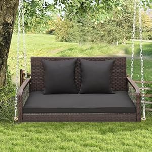 Tangkula wicker outdoor porch swing 800 lbs capacity outdoor swing bench with hanging chains back and seat cushions 2 seater hanging patio bench for deck garden yard black  urban country home decor