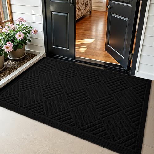 PLEASOR Front Door Mat Outside Entrance Dirt Resistant and Absorbent Welcome Door Mat Outdoor Indoor Sturdy Non-Slip Backing Entry Mat Fade Resistant Low Profile Doormat for Entryway 29x17 Black