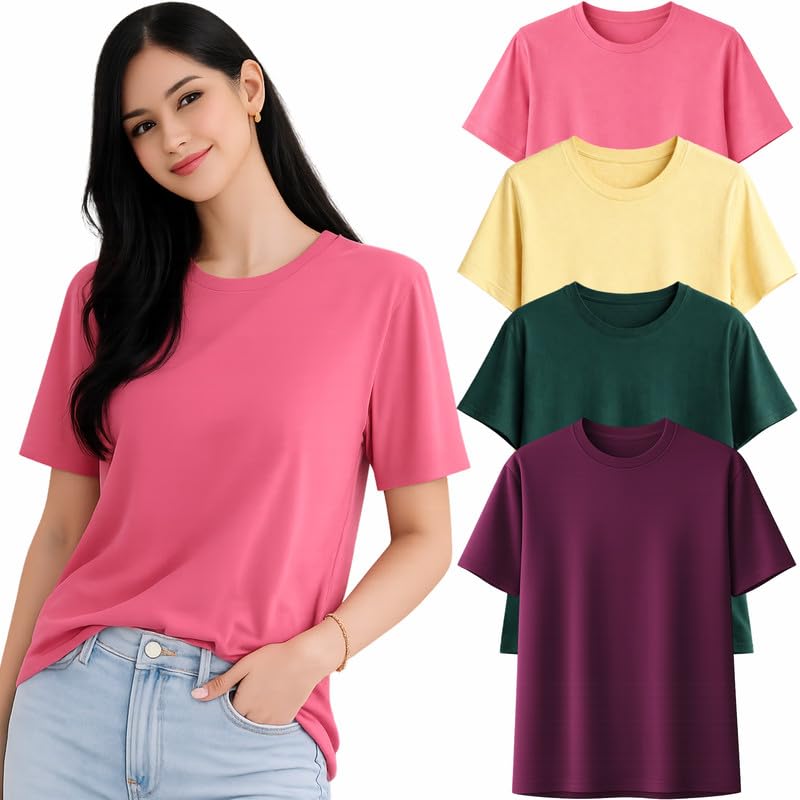 Image of London Hills Tshirt for Woman | T Shirt for Woman Cotton Casual Tops | Tshirts Shirts for Women Round Neck Short Sleeve | Women Tees Everyday Wear Basic T Shirts for Womans (Pack of 4)