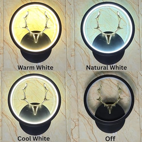 Image of Modern Round LED Wall Light with Golden Deer Horn, Multi-Color LED (Cool White, Warm White, Natural White), Plastic Body, Pack of 1