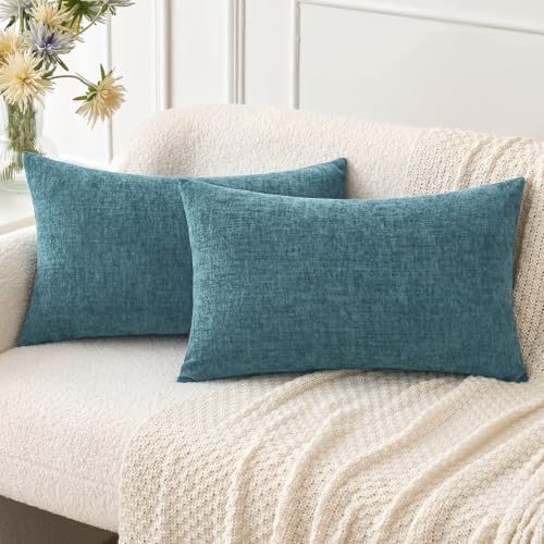 Image of MIULEE Soft Chenille Lumbar Throw Pillow Covers Blue Ashes 12x20 Pack of 2 | Modern Coastal Home Decor, Classic Decorative Pillows, Solid Dyed Cases, Boho Couch Cushion Covers for Sofa Bed Living Room