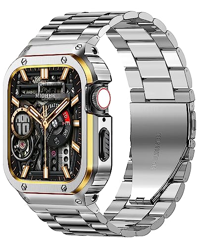 Image of MioHHR Stainless Steel Band and Case Compatible with Apple Watch Band 45mm | Men Metal Protective Bumper Cover with Straps for iWatch 45mm Series 9 /8 /7, Silver /Gold