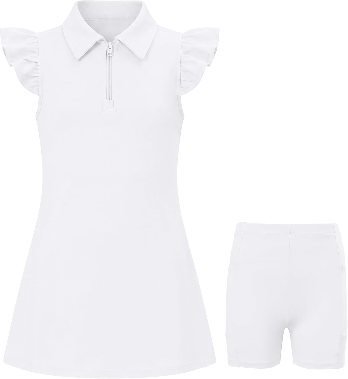 YesFashion Girls Tennis Dress 1/4 Zip Front Golf Outfit Ruffle Sleeve Pickleball Athletic Dress with Shorts and Pockets 4-13Y