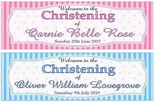 2 Personalised Christening Banners - Welcome to - Any Name & Date - Available for Girl OR BOY (Approx 3ft x 1ft) (Pink)