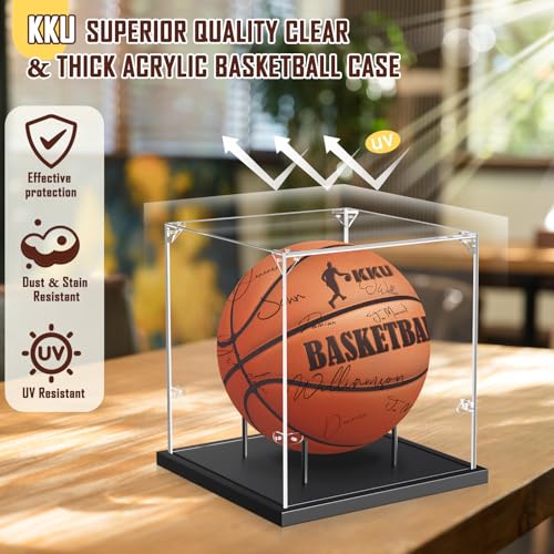 Image of KKU Basketball Display Case, Acrylic Clear Full Size Basketball Case with Solid Wood Base,UV Protected Basketball Display Stand for Autographed Standard NBA WNBA Ball Memorabilia Keepsake, Black