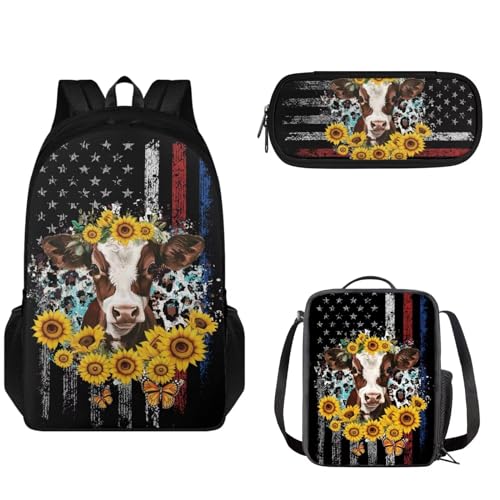 Set di zaino scolastico per ragazzi e ragazze con doppia cerniera per bambini grande borsa per la scuola con per il pranzo a tenuta stagna e astuccio 3 in 1 Bandiera leggero