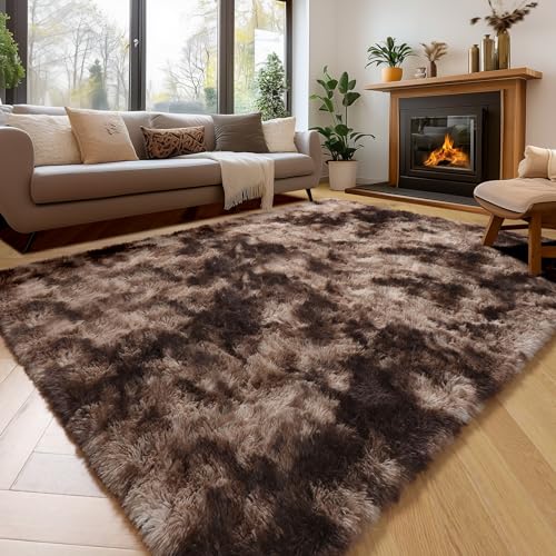 Amdrebio Tie-Dyed Brown Rugs for Bedroom Living Room, 8x10 Large Fluffy Shaggy Plush Area Rugs for Kids Room Decor Aesthetic, Modern Cool Fuzzy Furry Carpet for Classroom Playroom Preppy Dorm Nursery